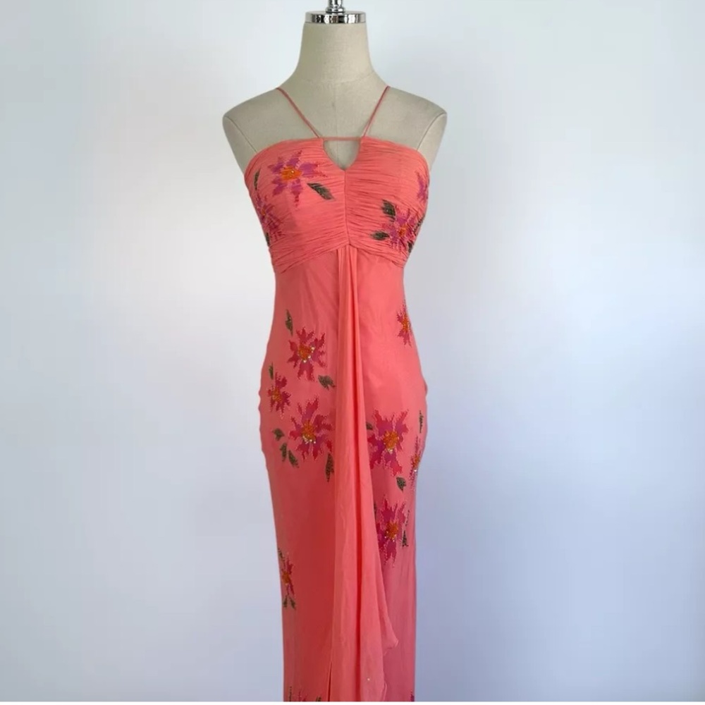 Vintage 90s beaded 100% silk coral gown